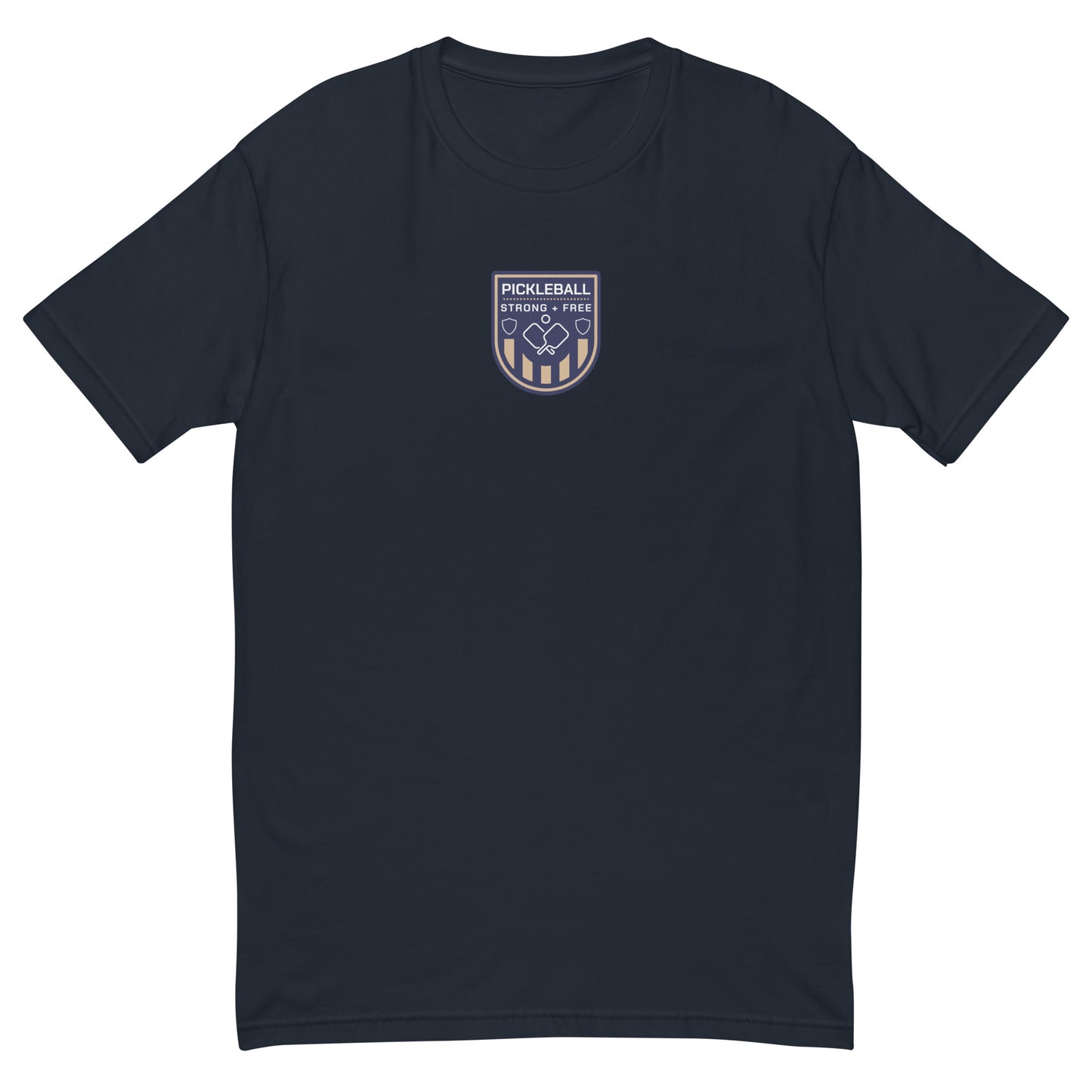 Men's tee, various colors. S+F custom pickleball logo design, blue crest.