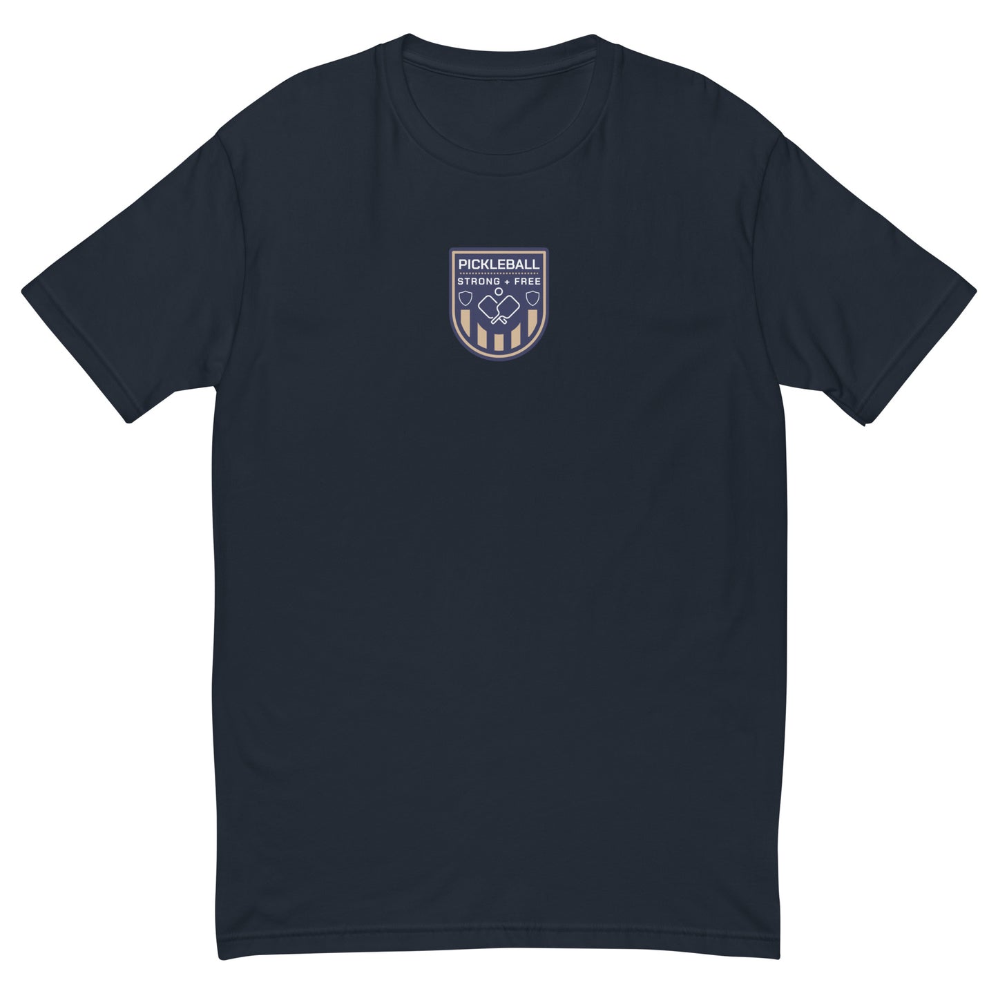 Men's tee, multiple colors. S+F custom pickleball logo design, blue crest.