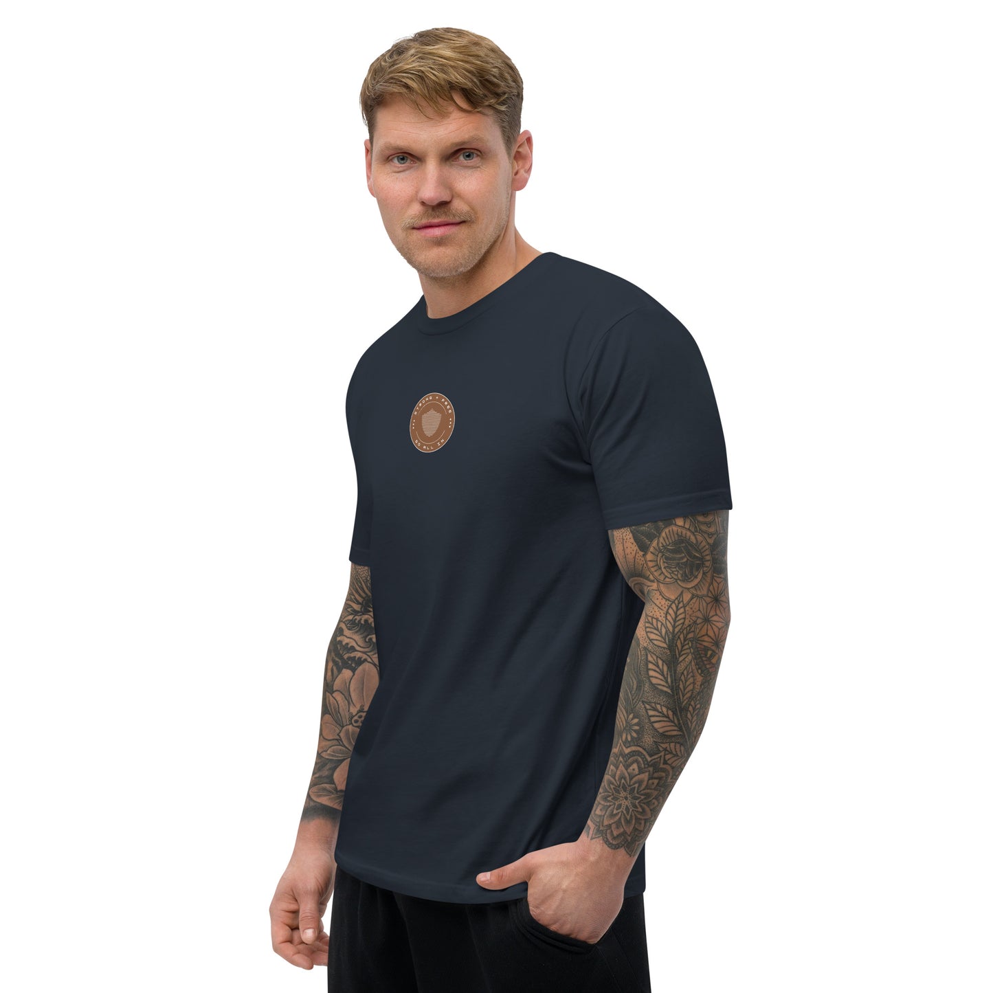 Men's short sleeve tee, various colors. S+F signature shield logo design, reverse brown crest.