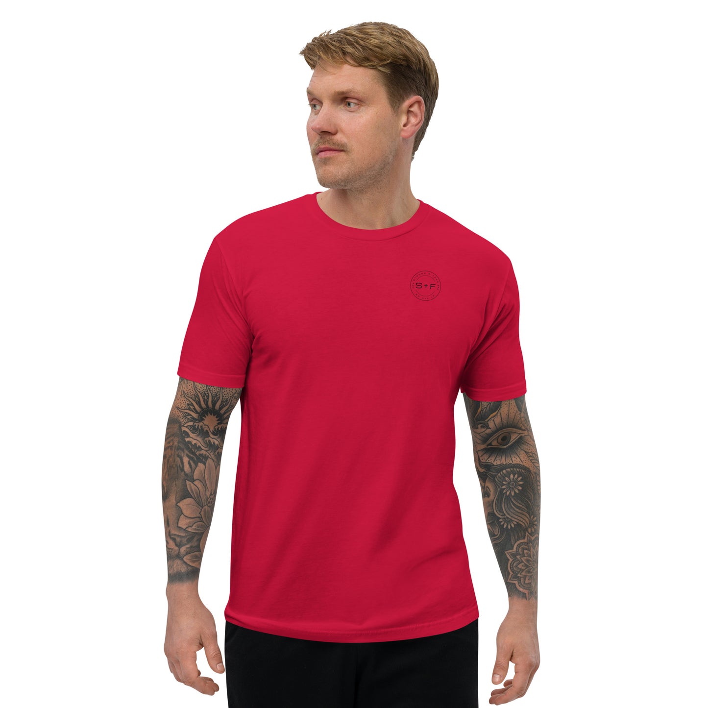 Men's Classic Fit T-Shirt, Red/White/Grey. S+F Black Circle Logo Design.