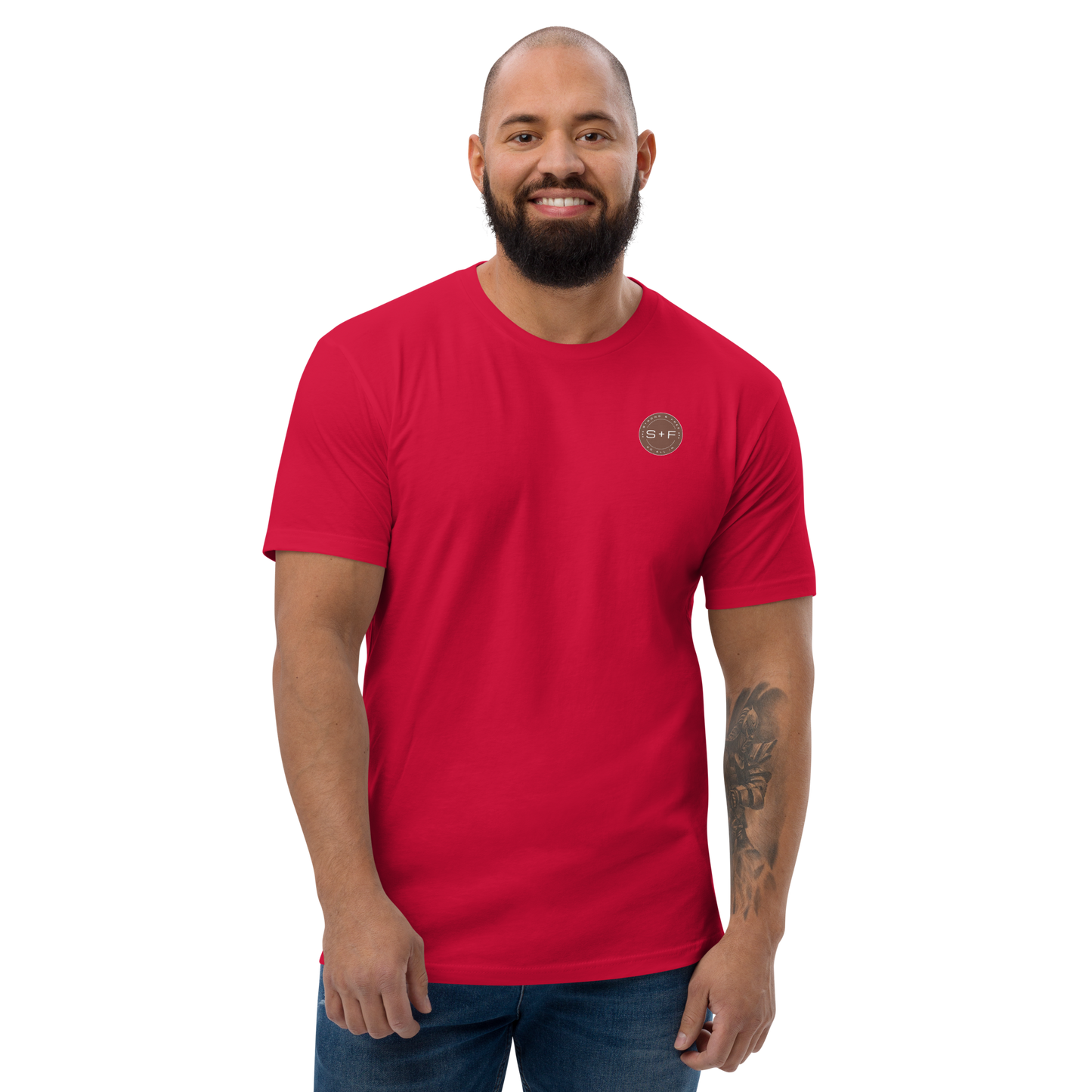 Men's Classic Fit T-shirt, Black/Blue/Red/White. S+F Reverse Brown Logo Design.