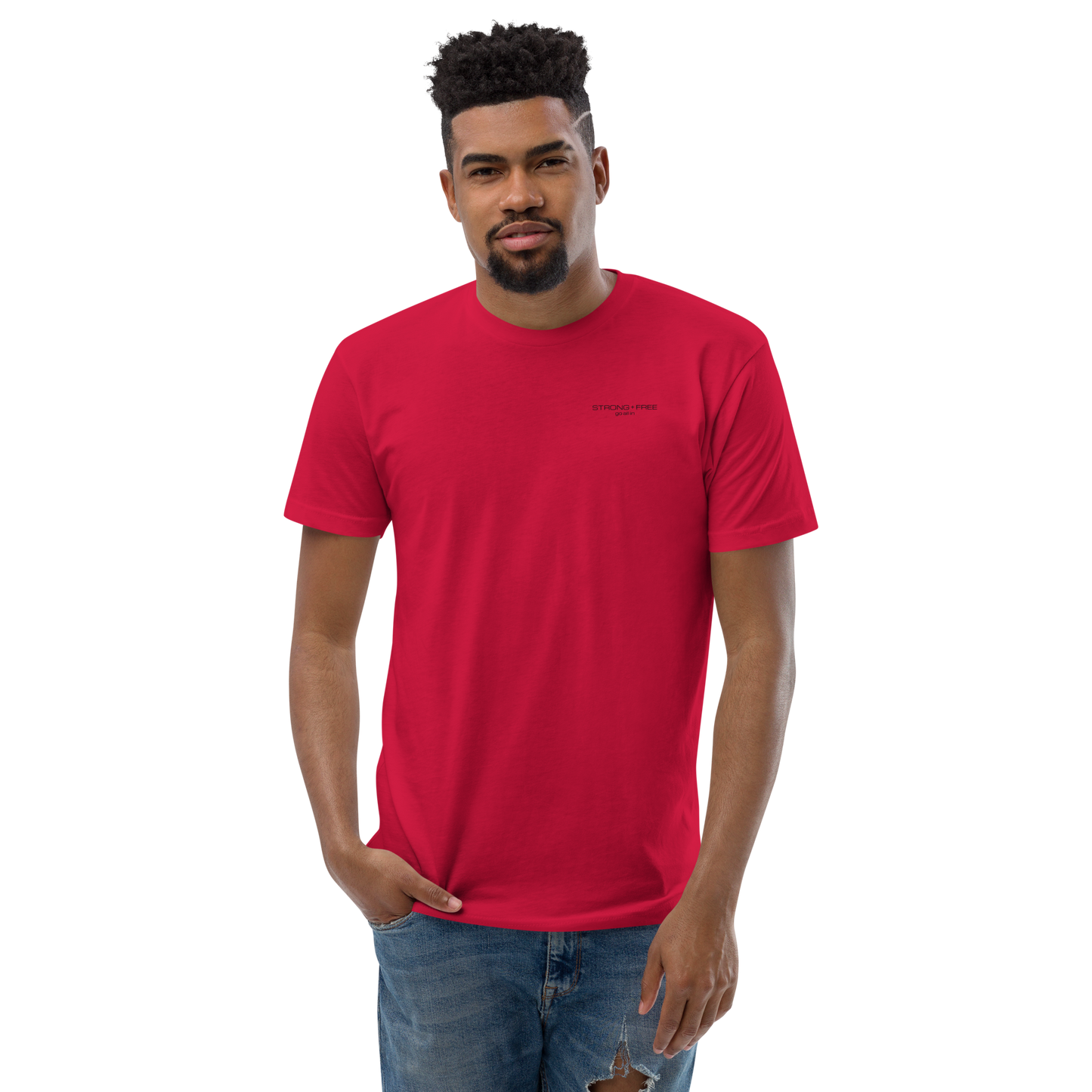 Men's Classic Fit T-Shirt, Black/Blue/Red/White. S+F Black Font Logo Design.