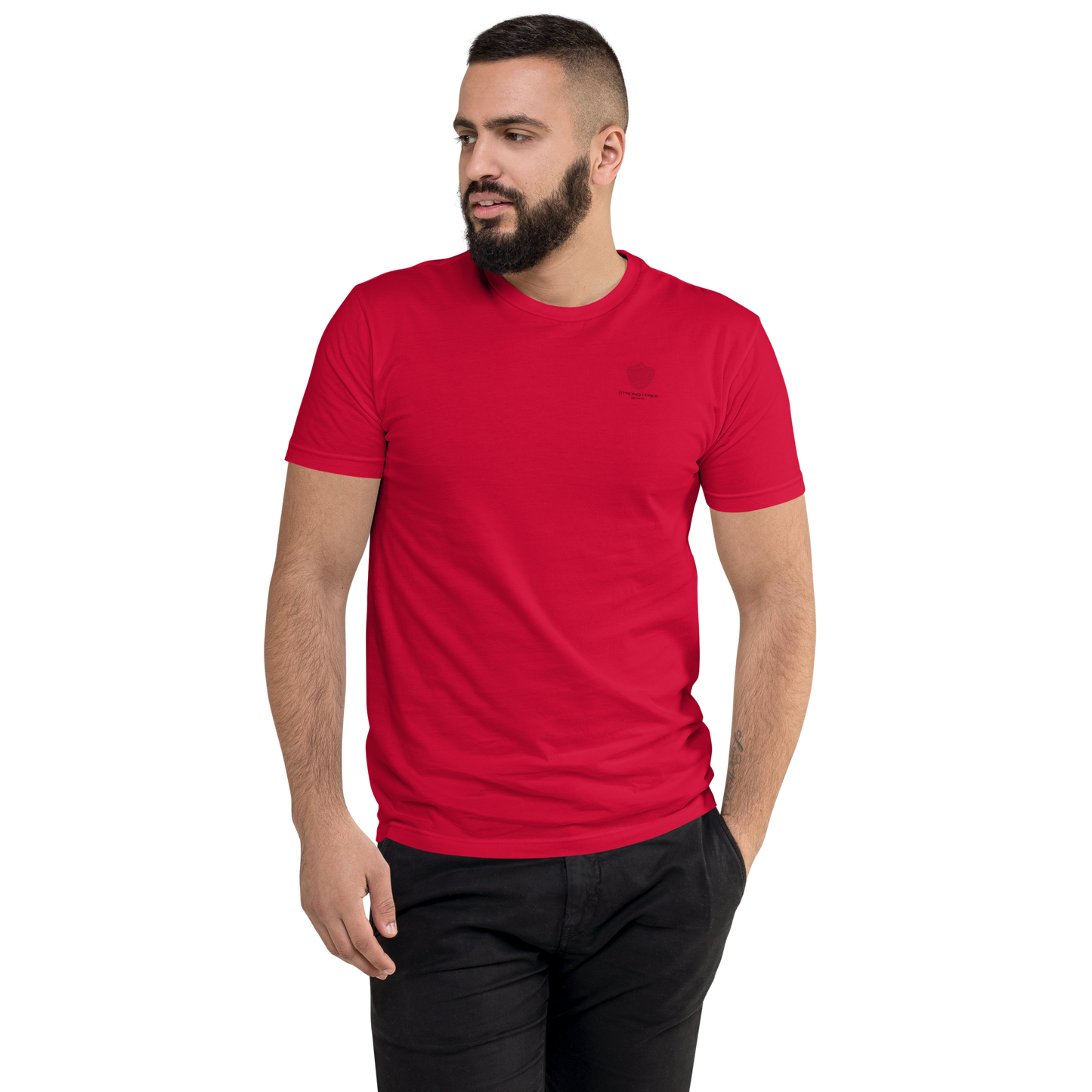 Men's Classic Fit T-Shirt, Red/Blue/Grey/White. S+F Shield Logo Design.
