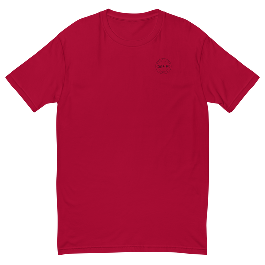 Men's Classic Fit T-Shirt, Red/White/Grey. S+F Black Circle Logo Design.