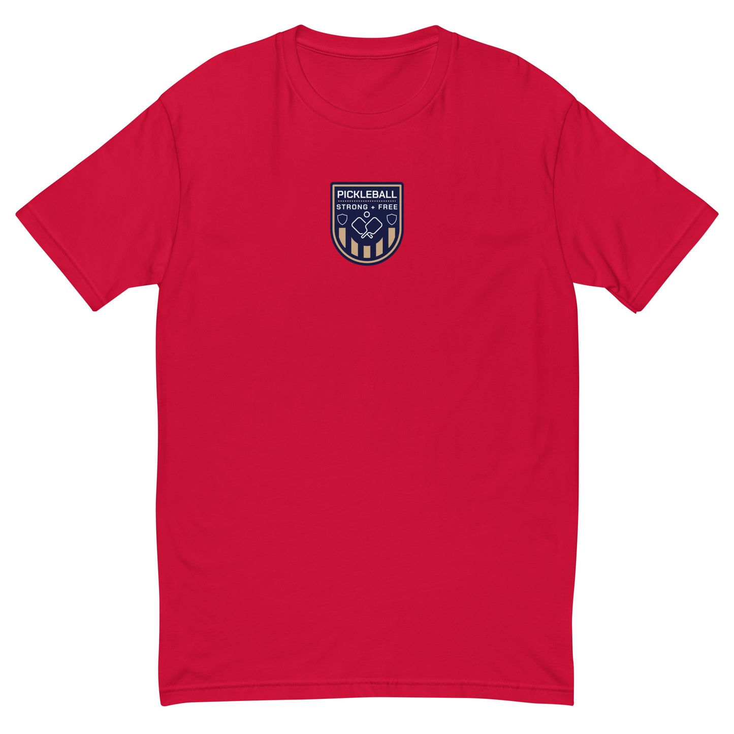 Men's tee, various colors. S+F custom pickleball logo design, blue crest.