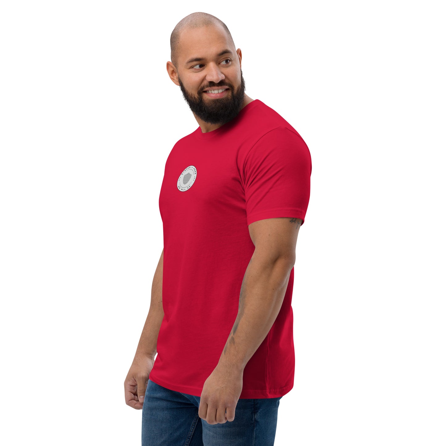 Men's short sleeve tee, various colors. S+F signature shield logo design, reverse grey crest.