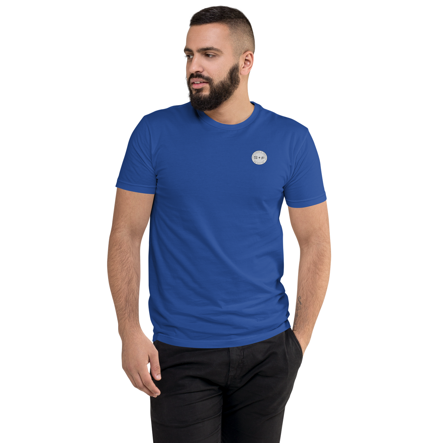 Men's Classic Fit T-shirt, Black/White/Blue/Red. S+F Reverse Grey Logo Design.