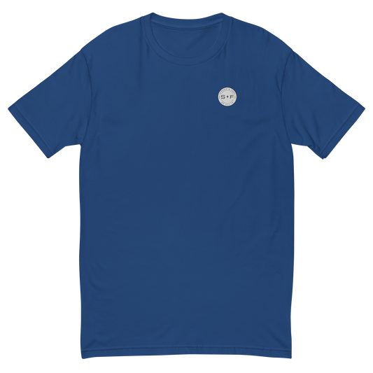 Men's Classic Fit T-shirt, Black/White/Blue/Red. S+F Reverse Grey Logo Design.