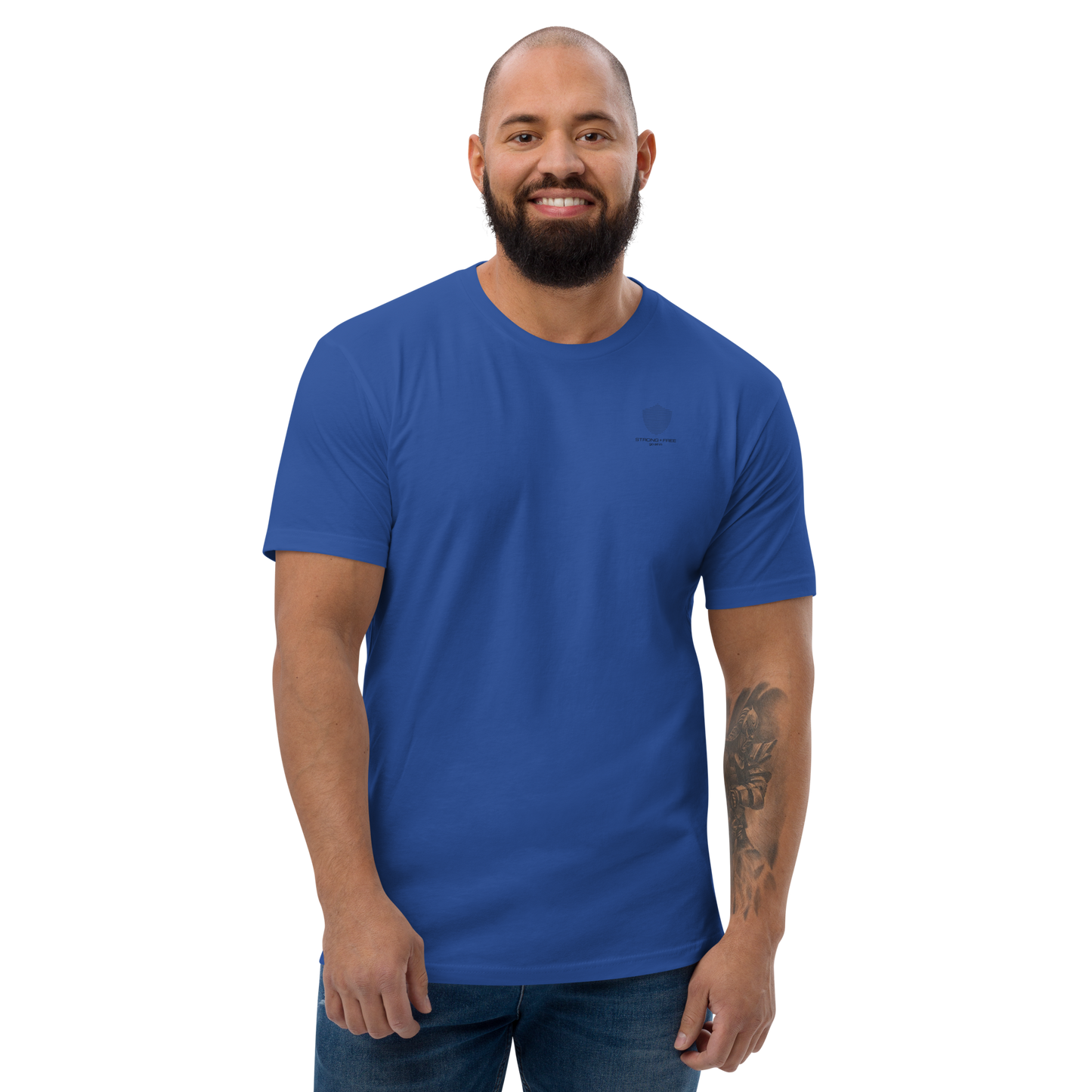 Men's Classic Fit T-Shirt, Red/Blue/Grey/White. S+F Shield Logo Design.