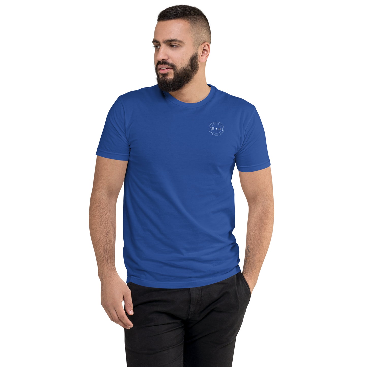 Men's Classic Fit T-Shirt, Black/Blue/Red/Grey. S+F White Circle Logo Design.