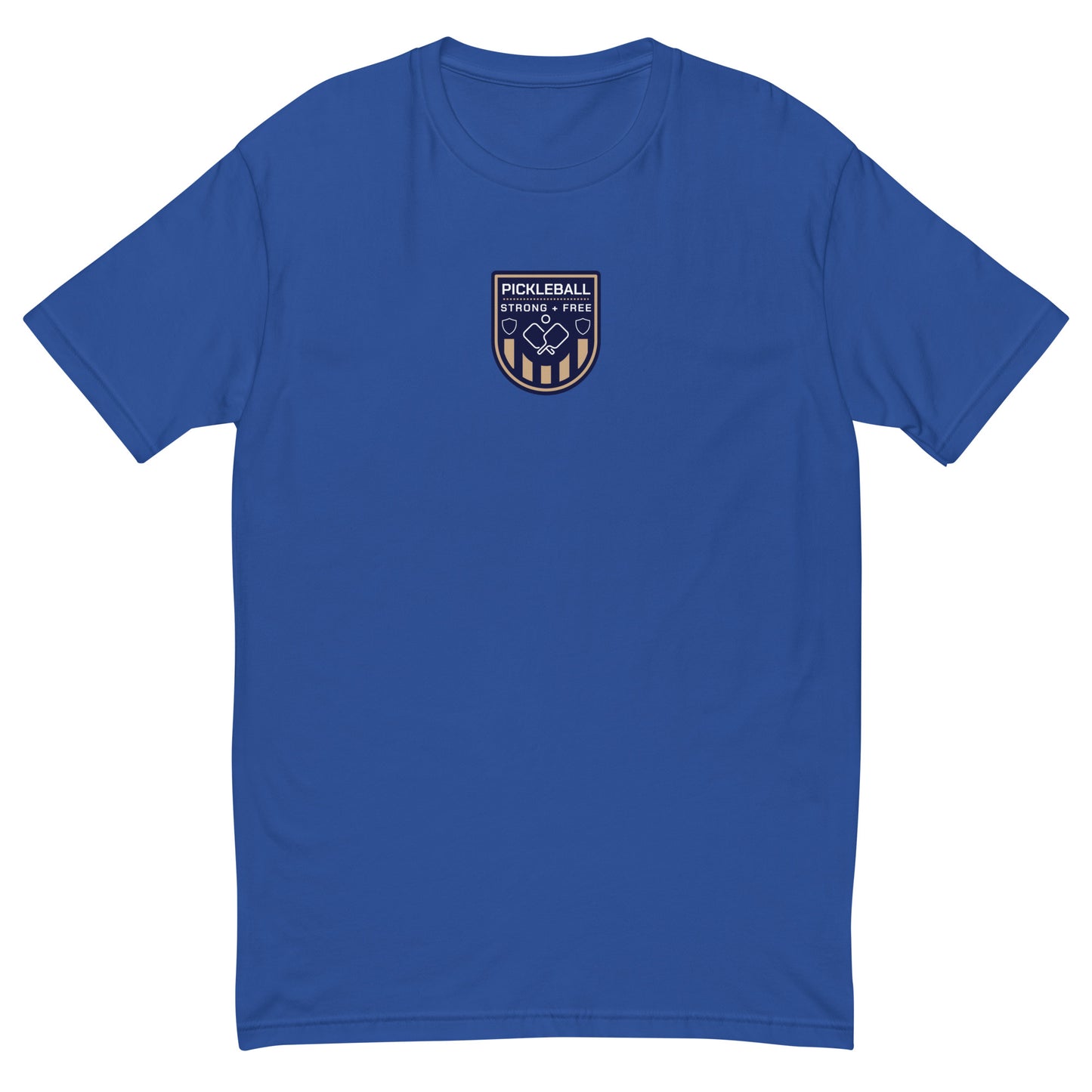 Men's tee, various colors. S+F custom pickleball logo design, blue crest.
