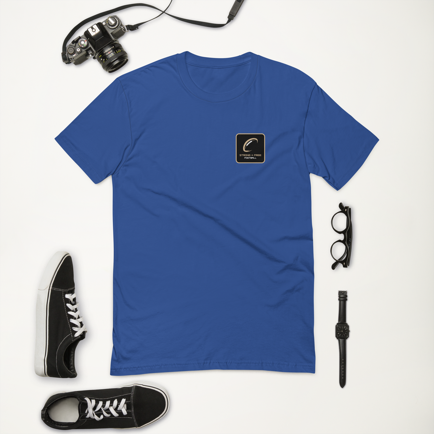 Men's football tee, various colors. S+F signature football logo design, reverse black icon.