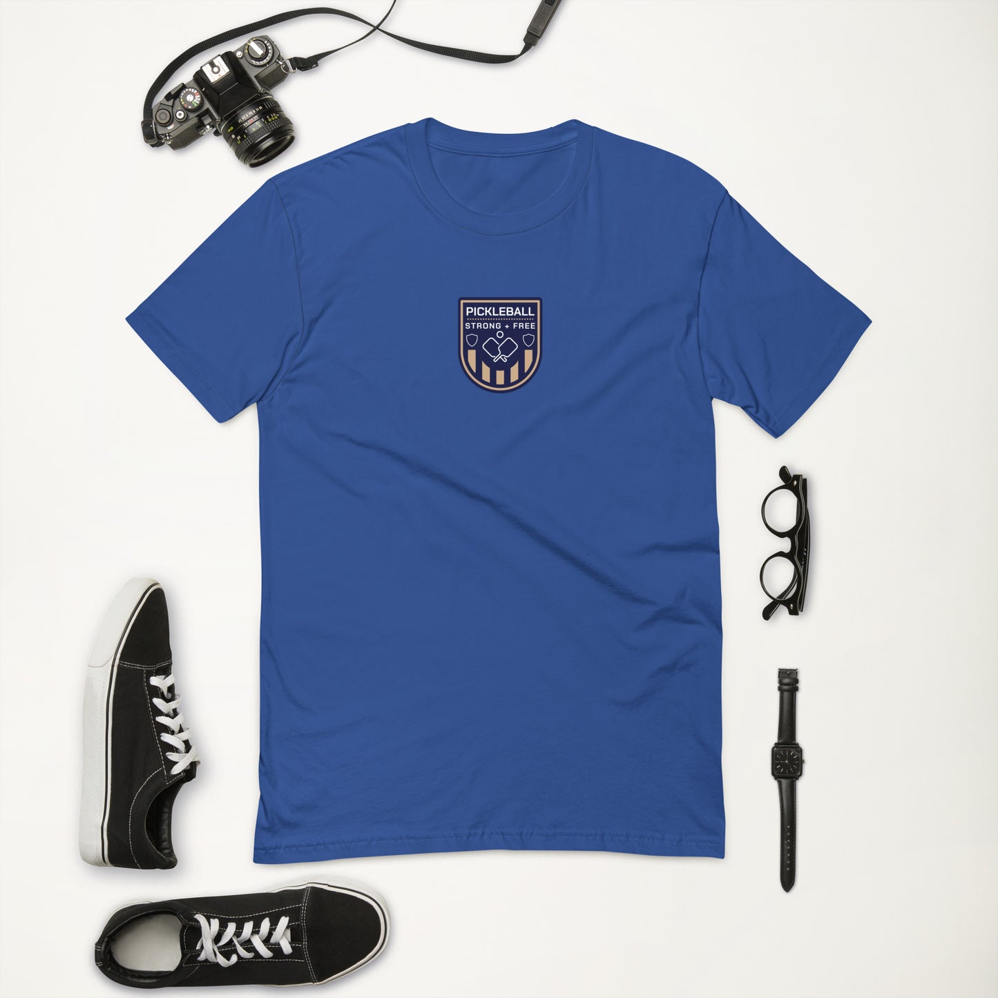 Men's tee, multiple colors. S+F custom pickleball logo design, blue crest.