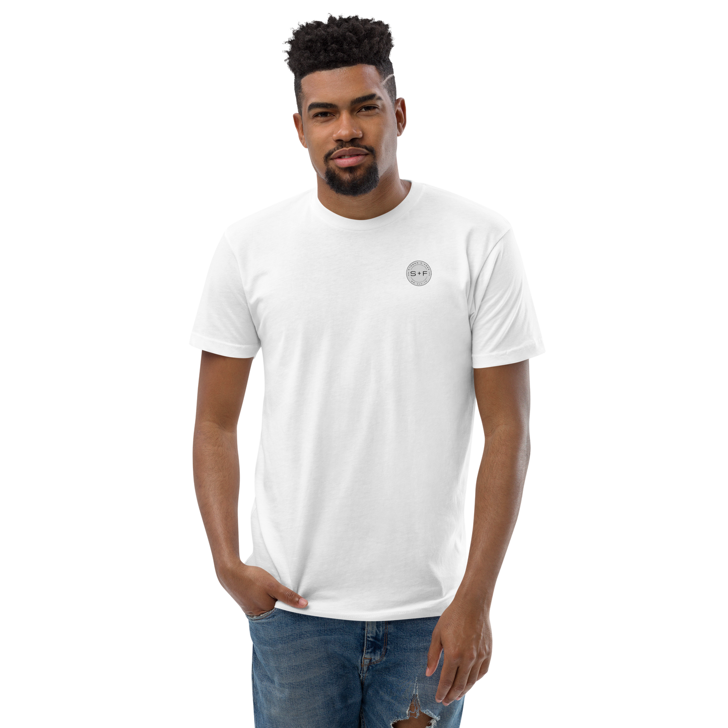 Men's Classic Fit T-shirt, Black/White/Blue/Red. S+F Reverse Grey Logo Design.