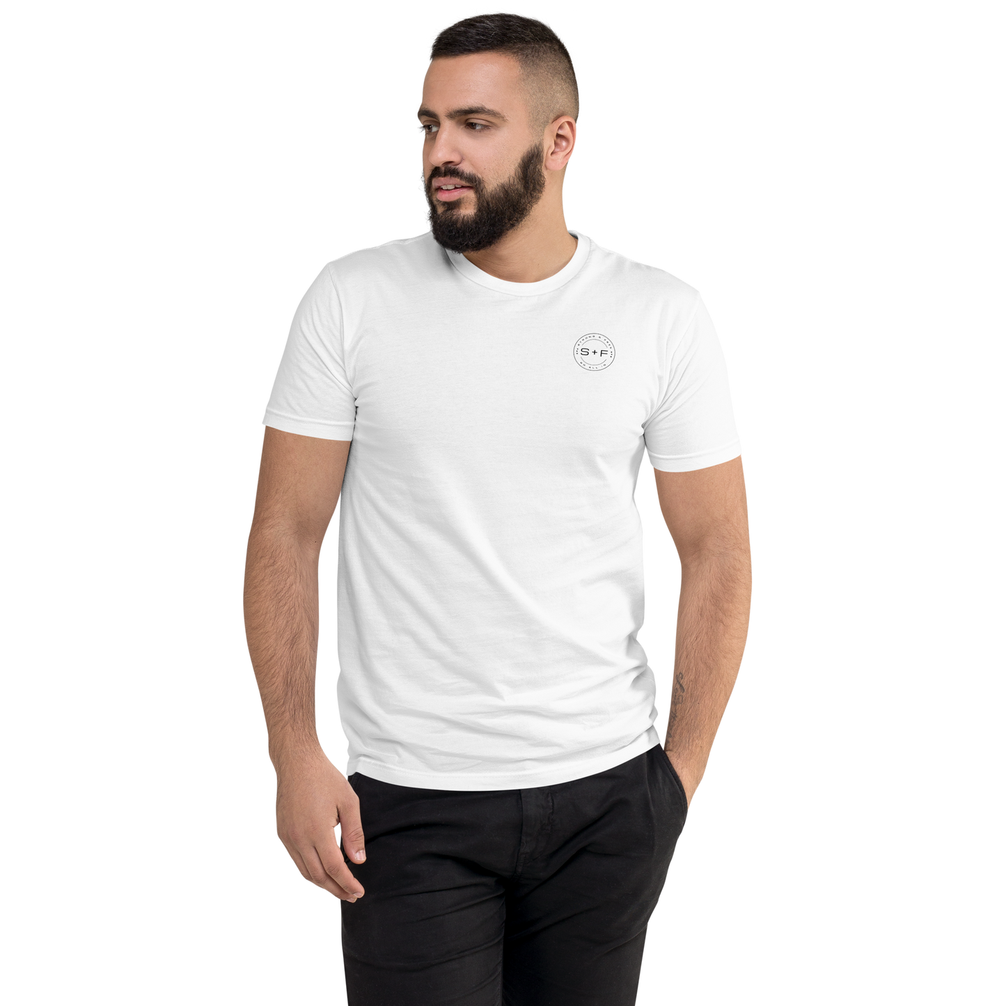 Men's Classic Fit T-Shirt, Red/White/Grey. S+F Black Circle Logo Design.