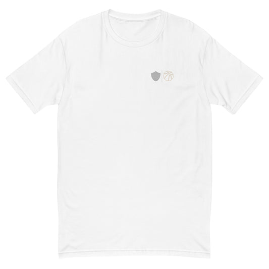 Men's basketball tee, white. S+F signature bball logo design II.