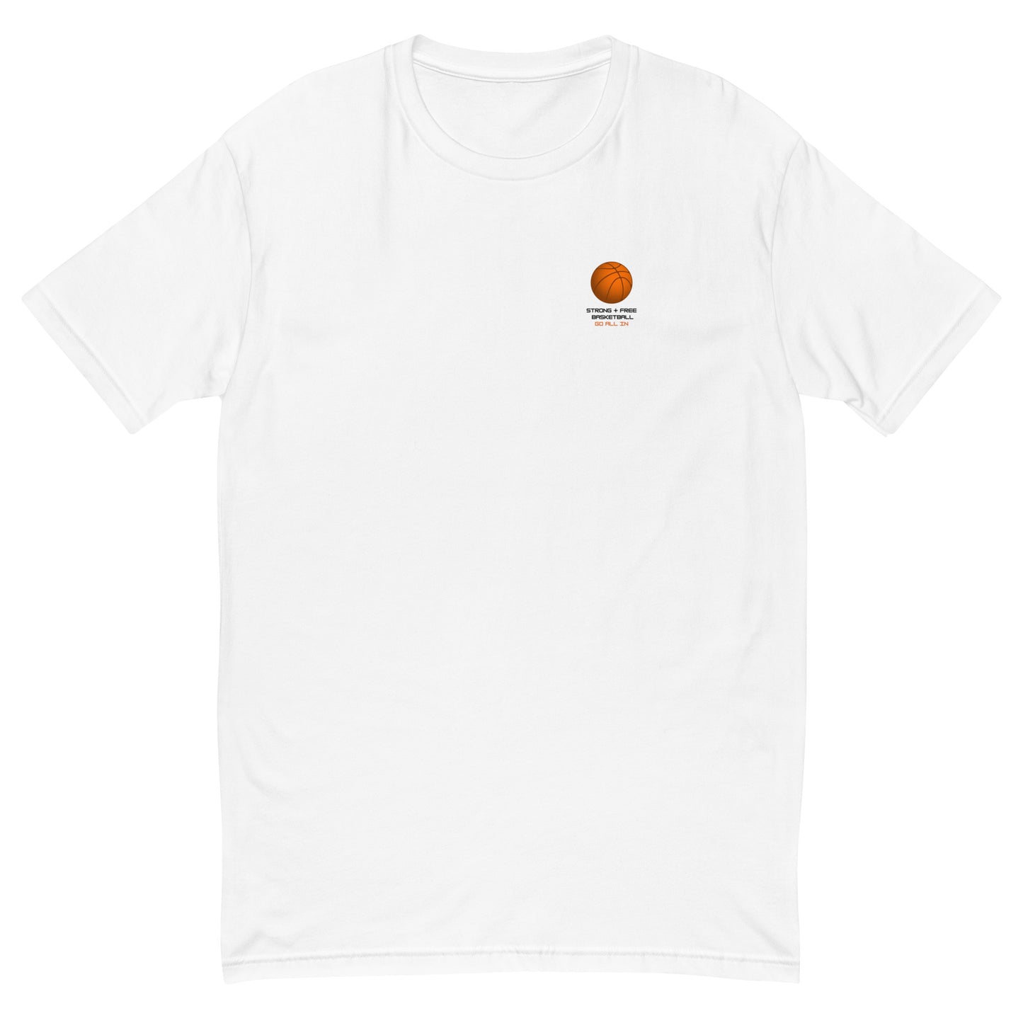 Men's basketball tee, white. S+F custom logo design, digital bball III.