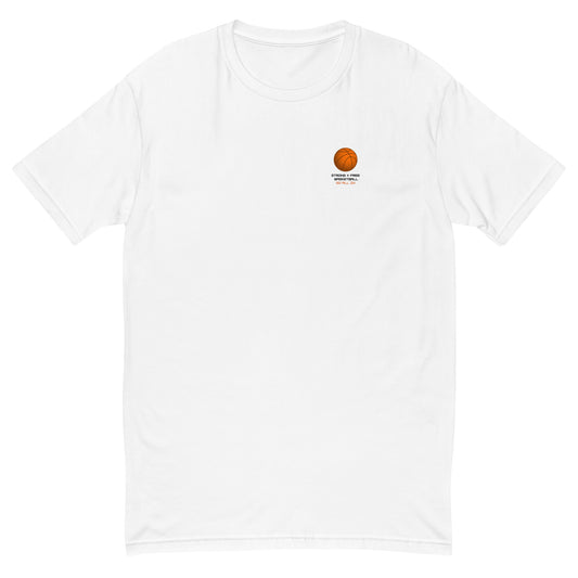 Men's basketball tee, white. S+F custom logo design, digital bball III.