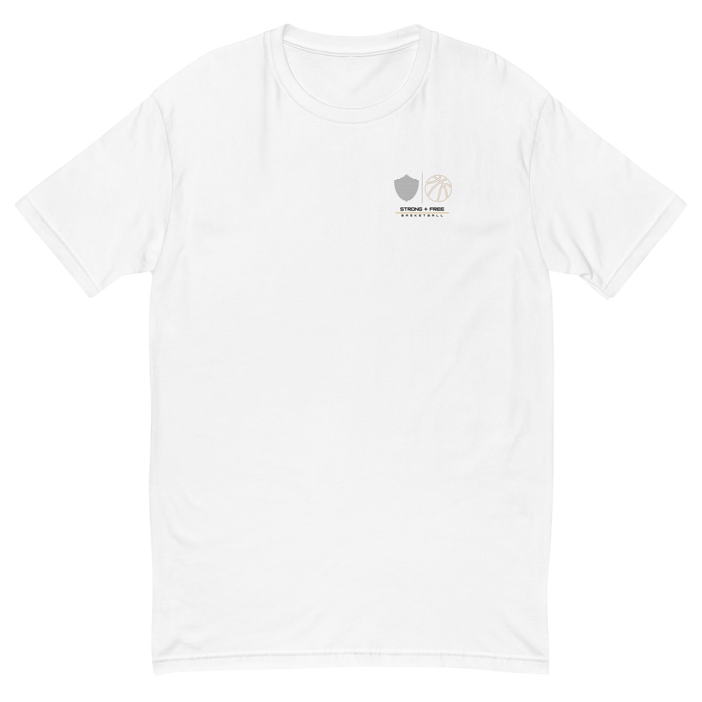 Men's basketball tee, white. S+F signature bball logo design II.