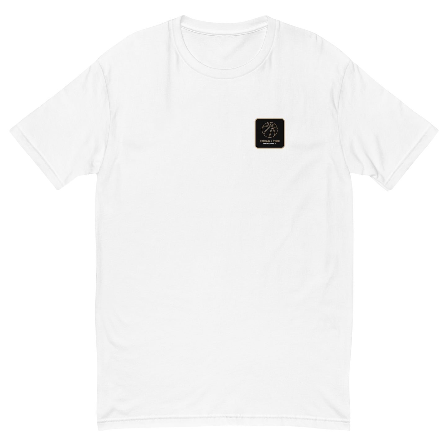 Men's basketball tee, white. S+F signature bball design, reverse black icon.