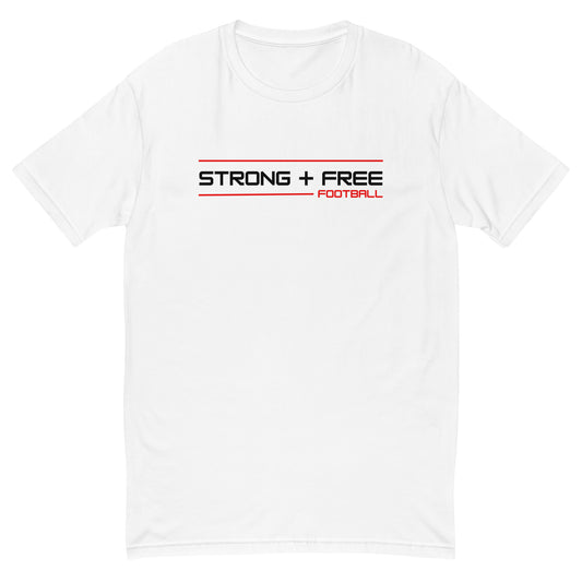 Football tee, white. S+F signature wordmark logo design.