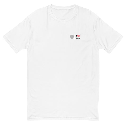 Men's hockey tee, white. S+F custom logo design, hockey love I.