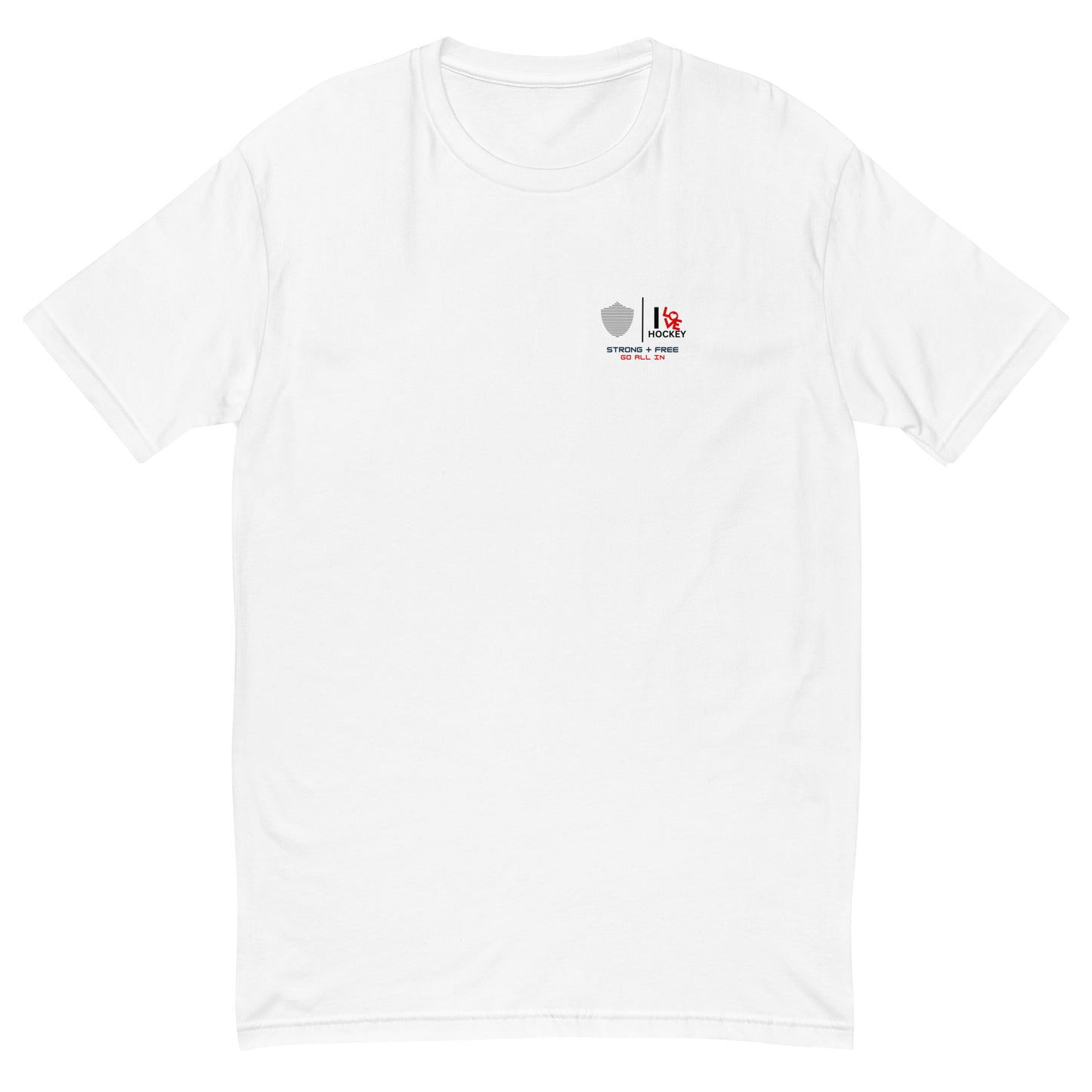 Men's hockey tee, white. S+F custom logo design, hockey love II.