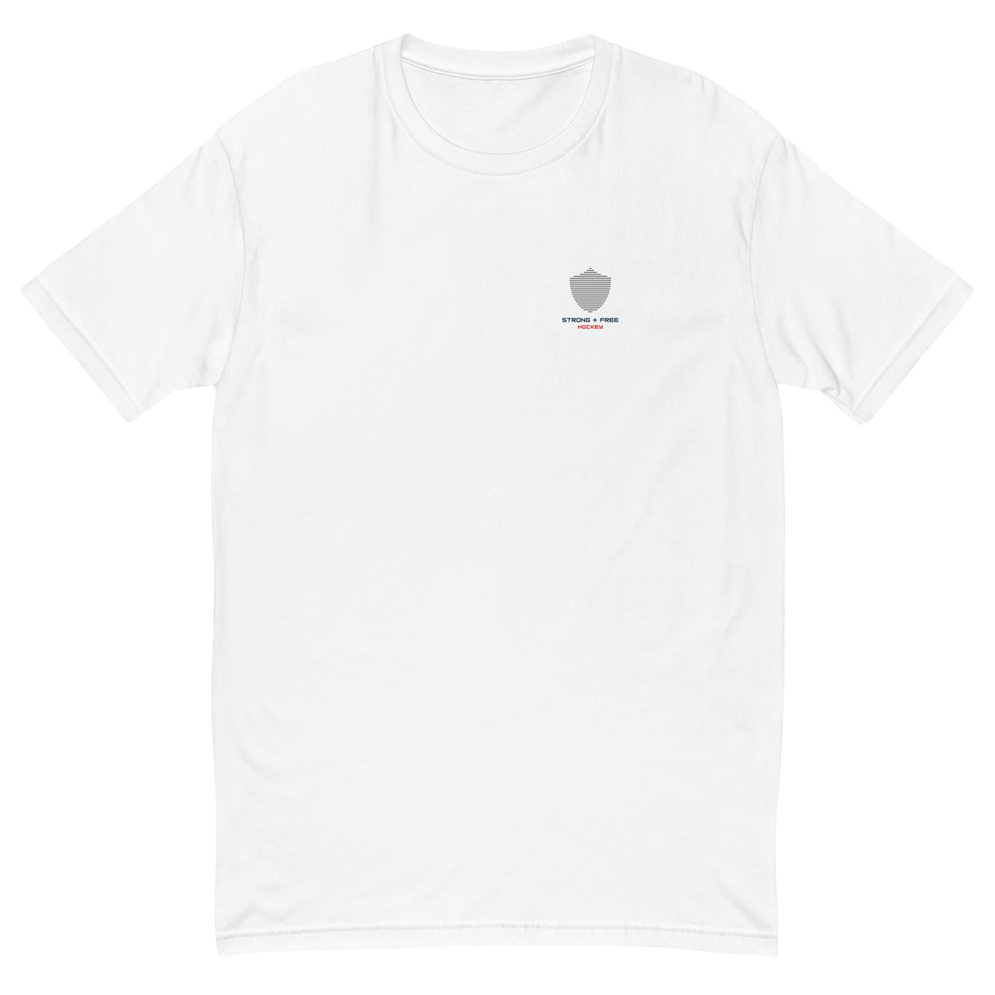 Men's hockey tee, white. S+F signature shield logo design.
