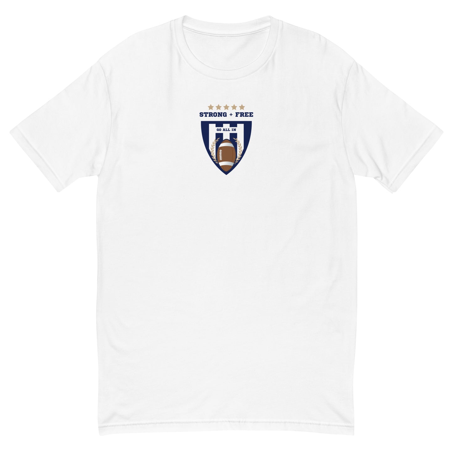 Men's football tee, white. S+F custom logo design, blue shield crest.