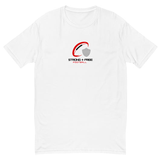 Men's football tee, white. S+F signature football logo design.