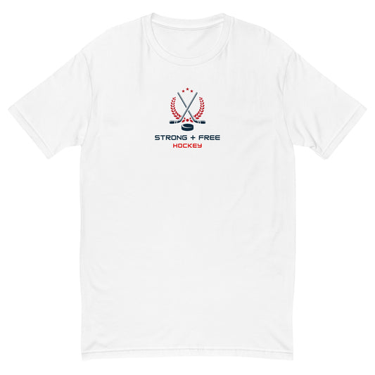 Hockey tee, white. S+F custom hockey logo design, crest logo.