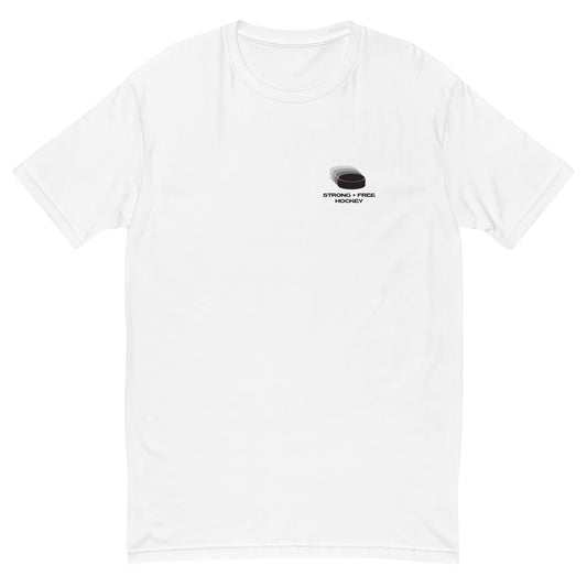 Hockey tee, white. Retro puck logo design.