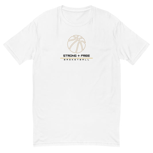 Men's basketball tee, white. S+F signature bball logo design.