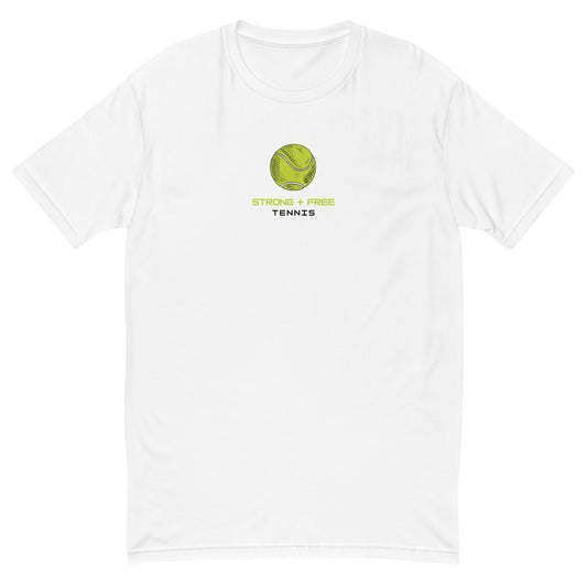 Tennis tee, white. S+F custom tennis logo design, ball art II.