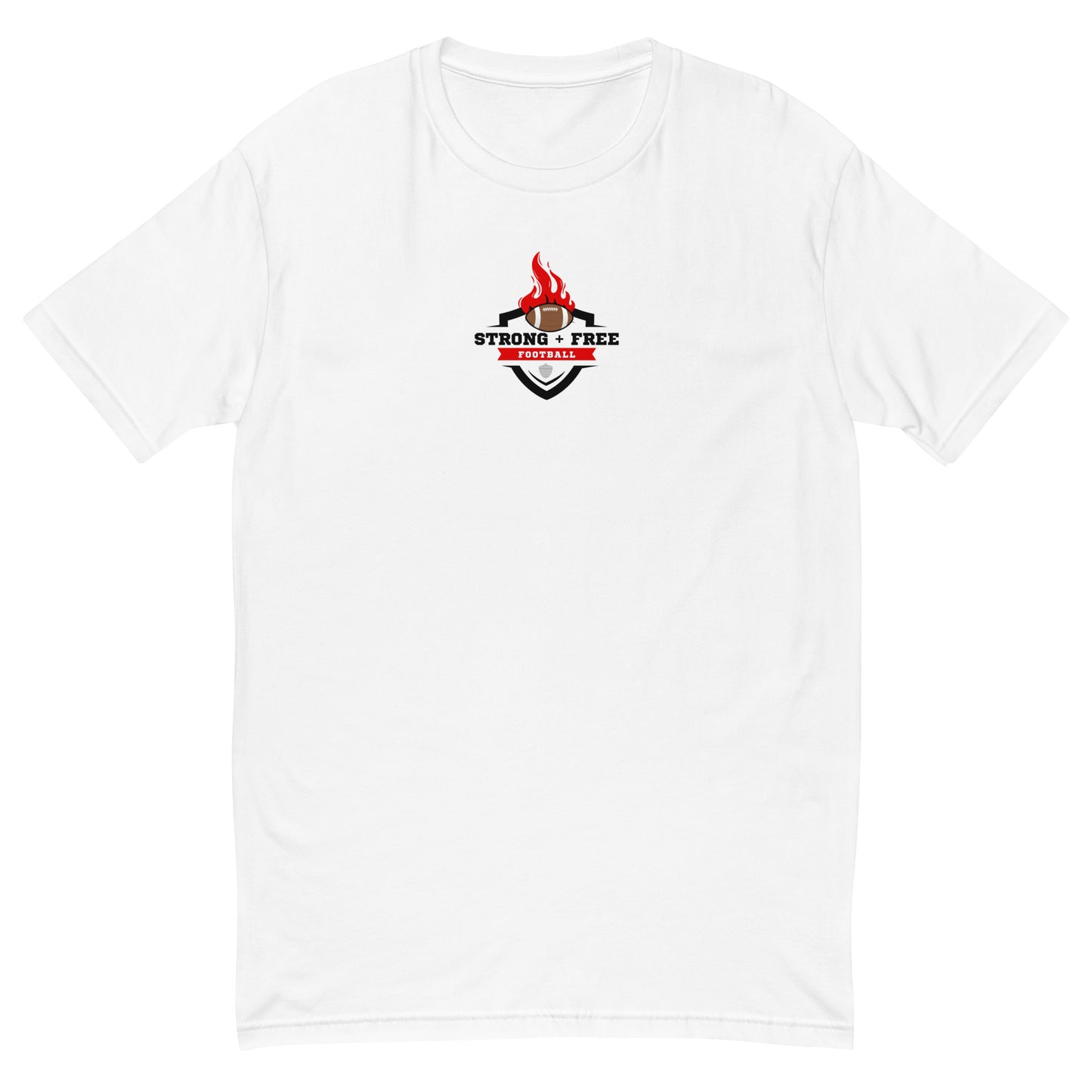 Men's football tee, white. S+F custom logo design, shield inferno crest.