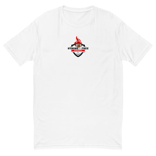 Men's football tee, white. S+F custom logo design, shield inferno crest.