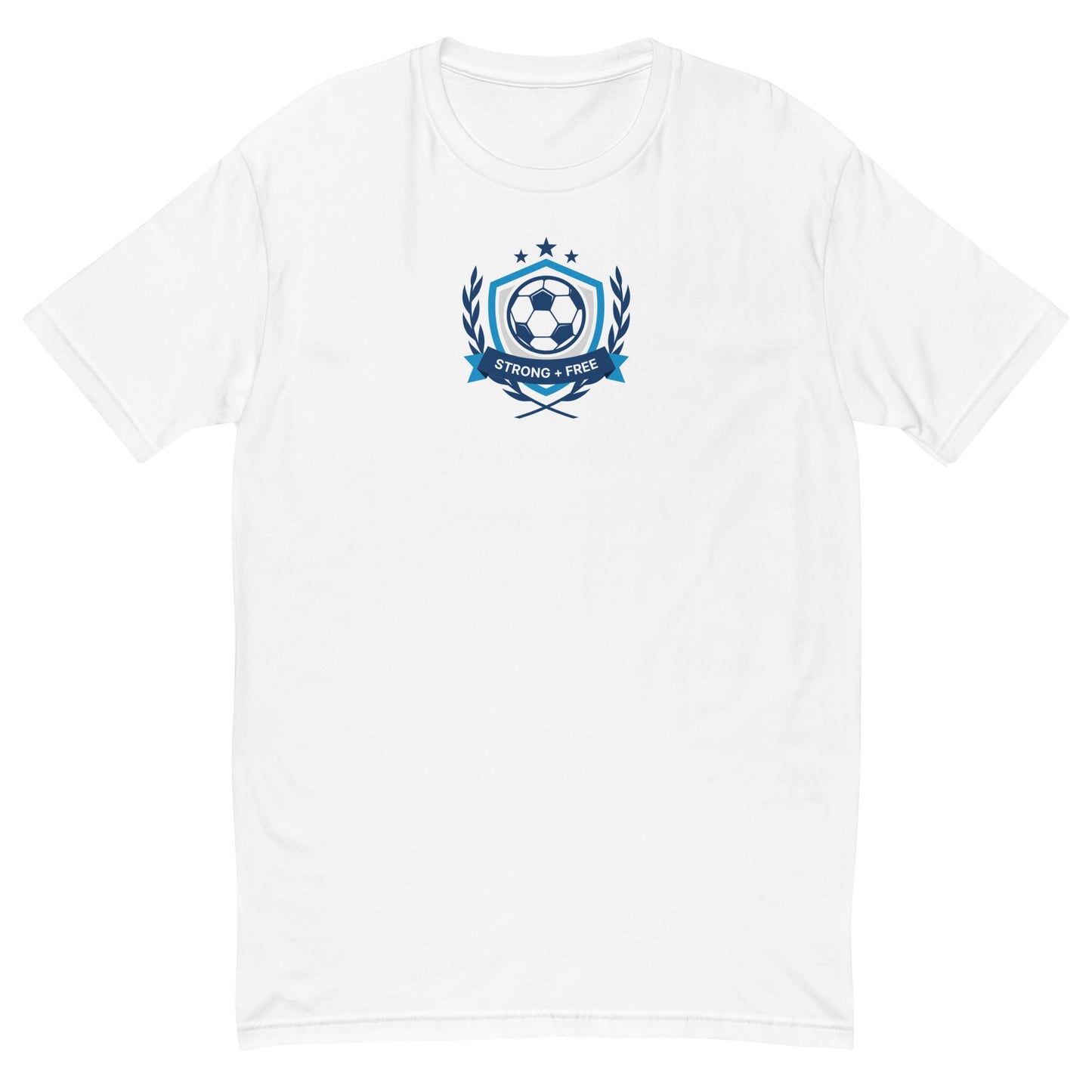 Soccer/Football tee, white. S+F custom logo design, soccer shield II.