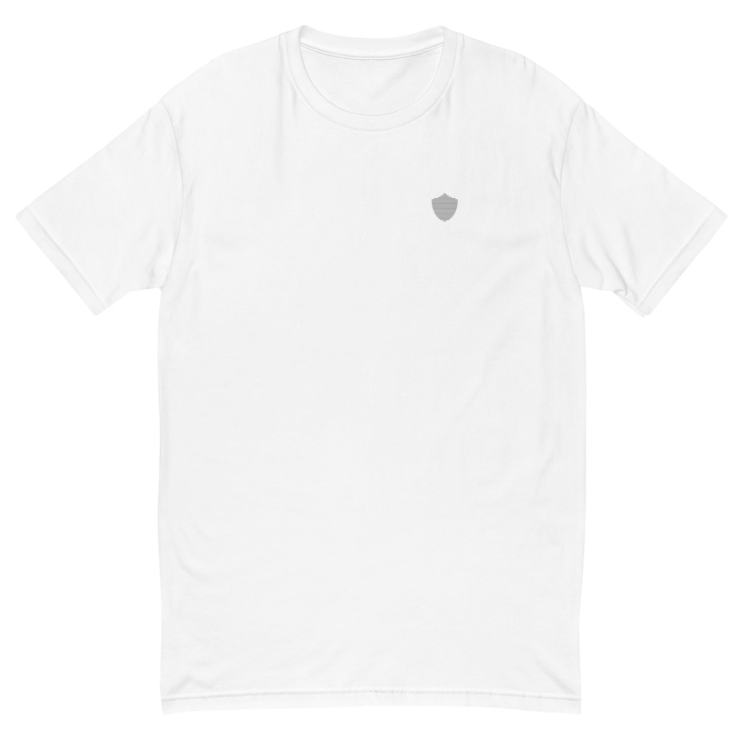 Men's short sleeve tee, white. S+F signature shield logo design.