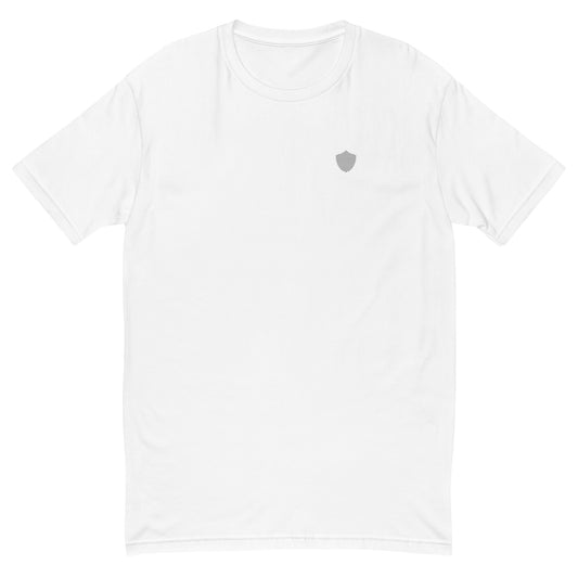 Men's short sleeve tee, white. S+F signature shield logo design.