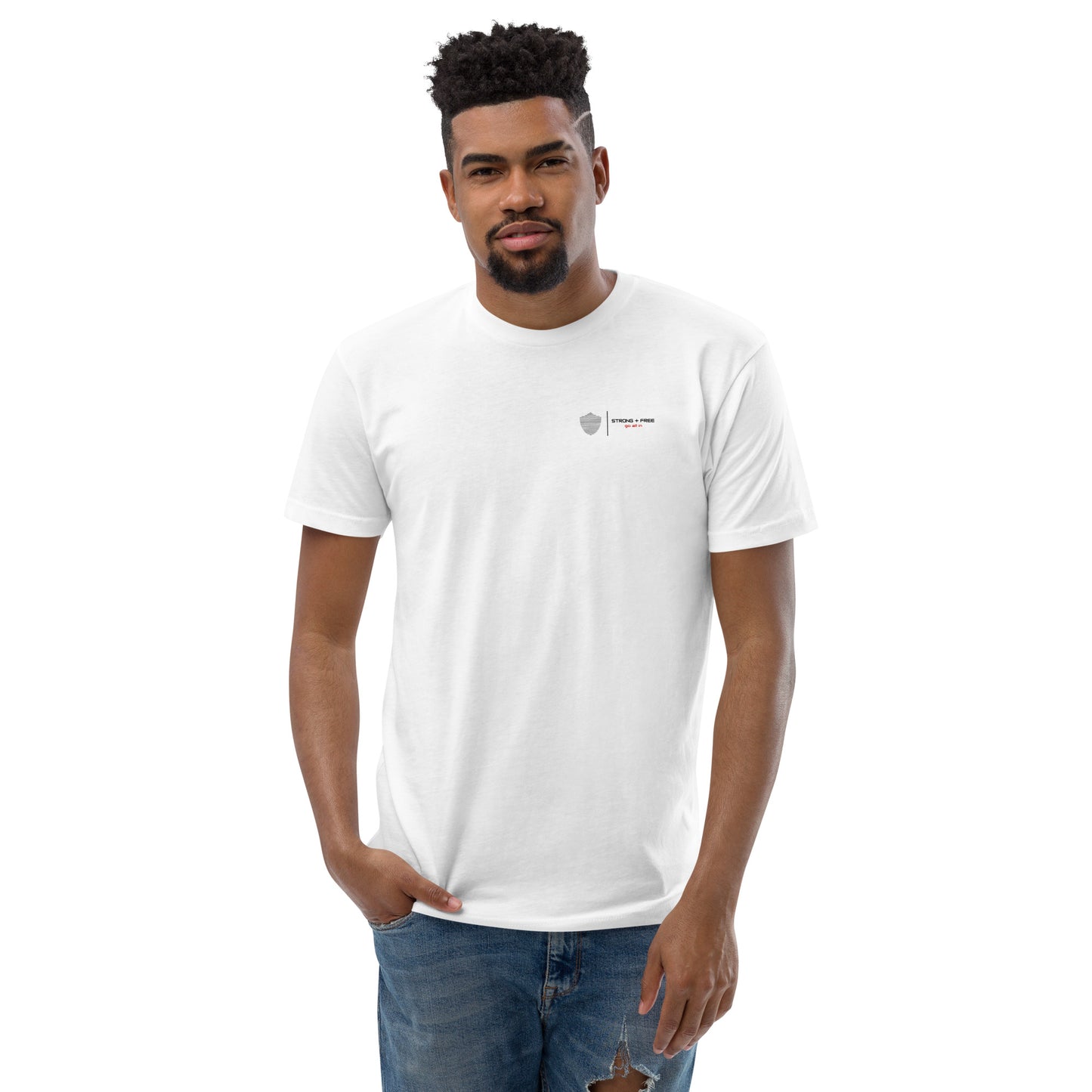 Men's short sleeve tee, white. S+F signature shield logo design.