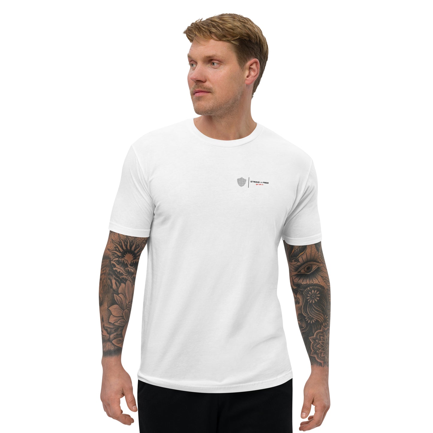 Men's short sleeve tee, white. S+F signature shield logo design.