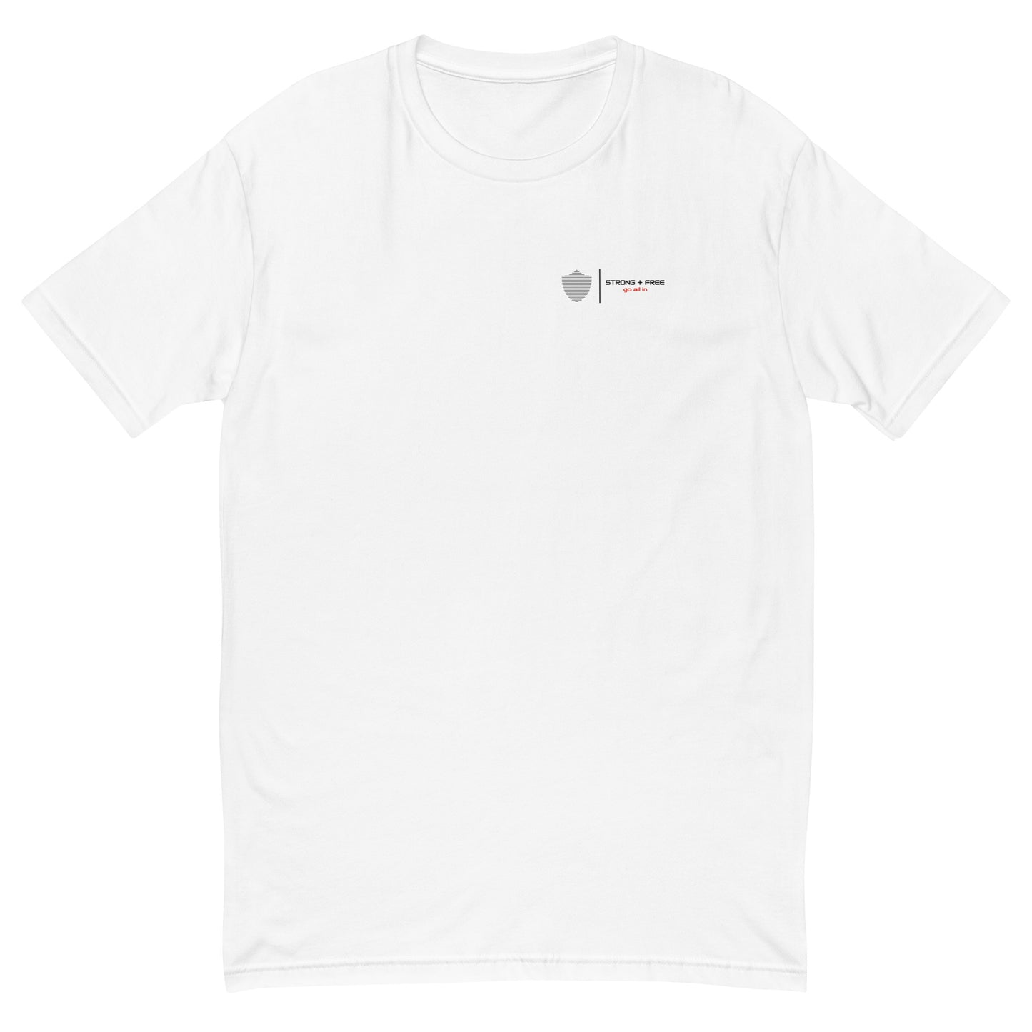 Men's short sleeve tee, white. S+F signature shield logo design.