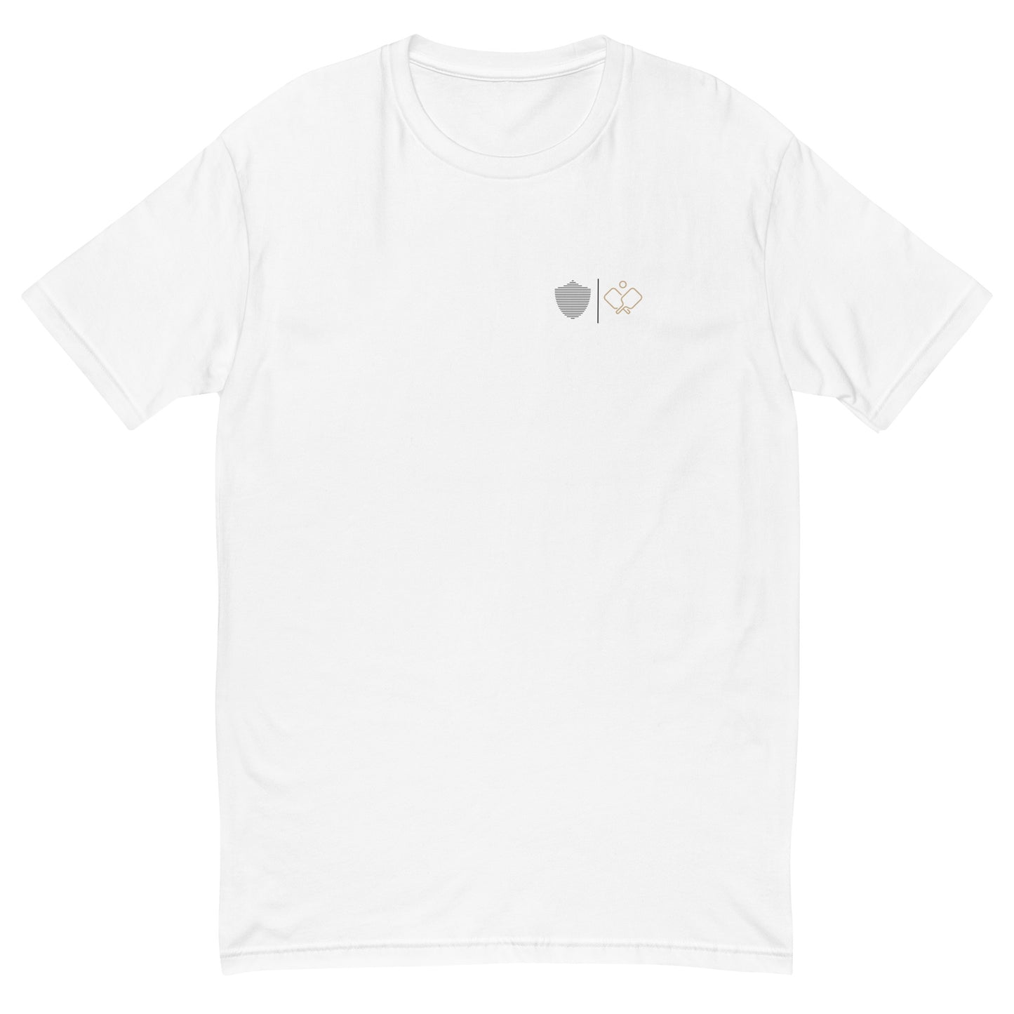 Men's tee, white. S+F signature pickleball logo design II.