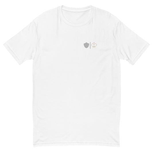 Men's tee, white. S+F signature pickleball logo design II.