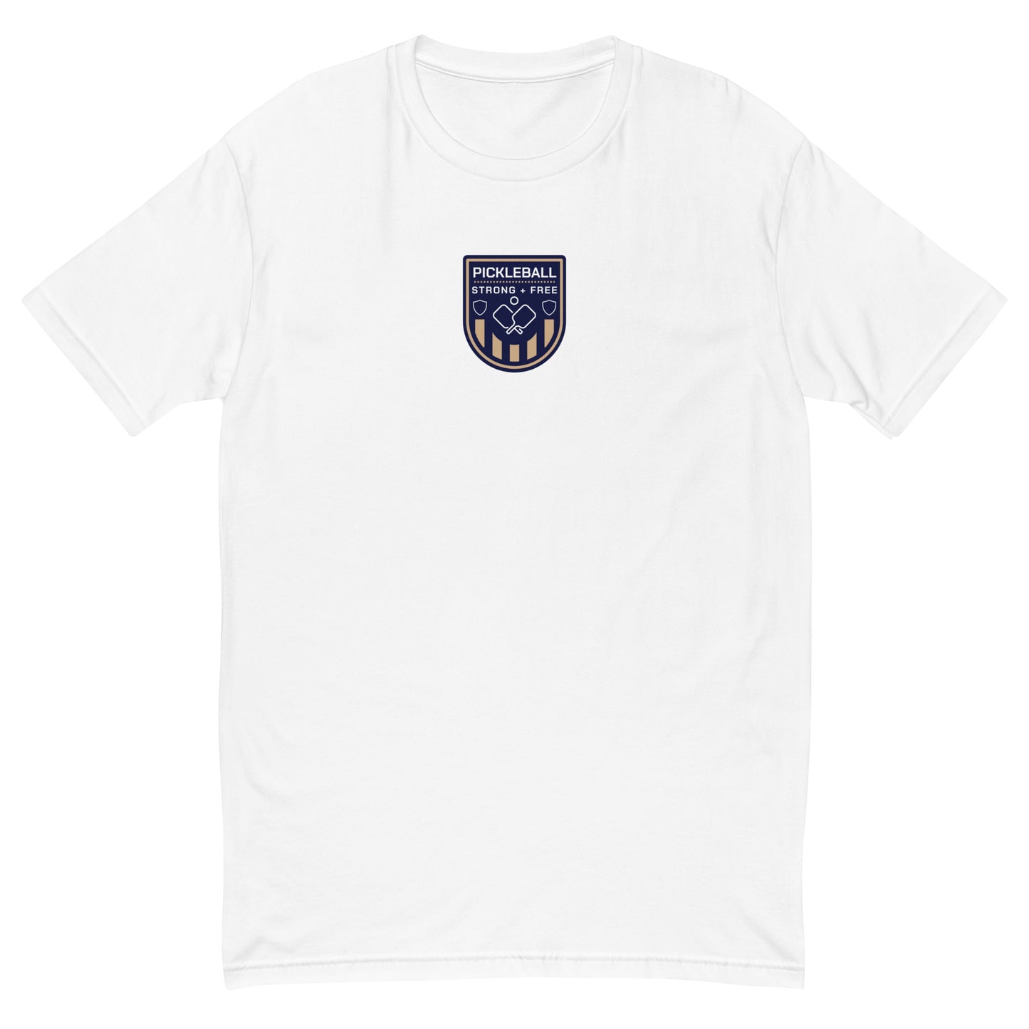 Men's tee, various colors. S+F custom pickleball logo design, blue crest.