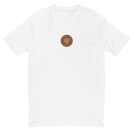 Men's tee, various colors. S+F signature shield logo design, reverse brown crest.