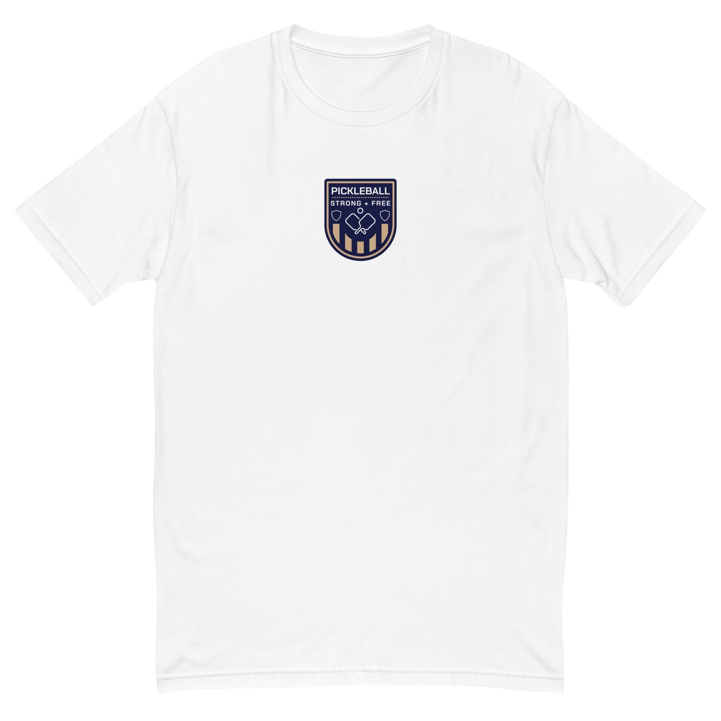 Men's tee, multiple colors. S+F custom pickleball logo design, blue crest.