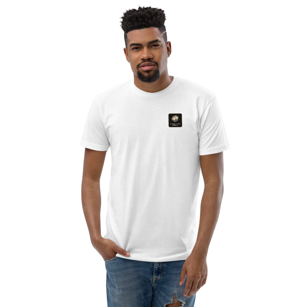 Men's baseball tee, white. S+F signature baseball logo design, reverse black icon.