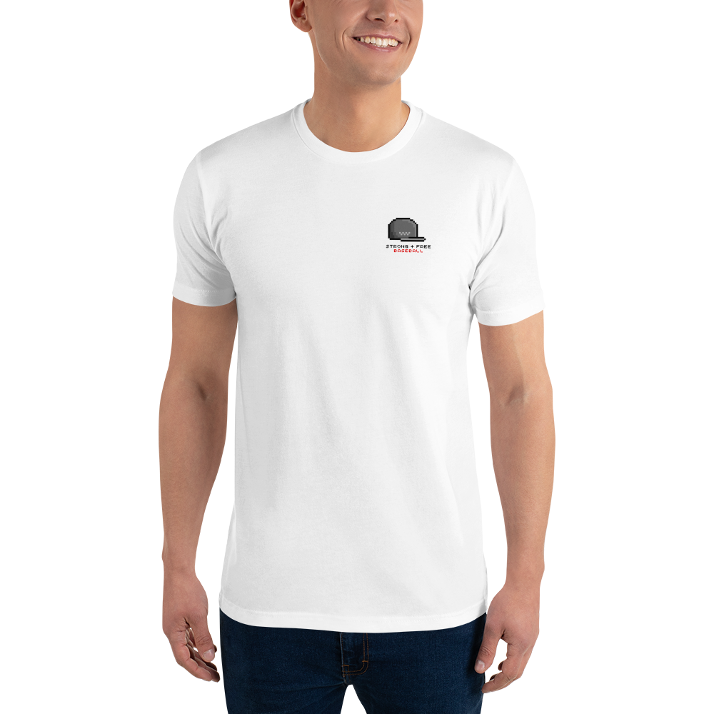 Men's baseball tee, white. S+F custom logo design, digital baseball I.