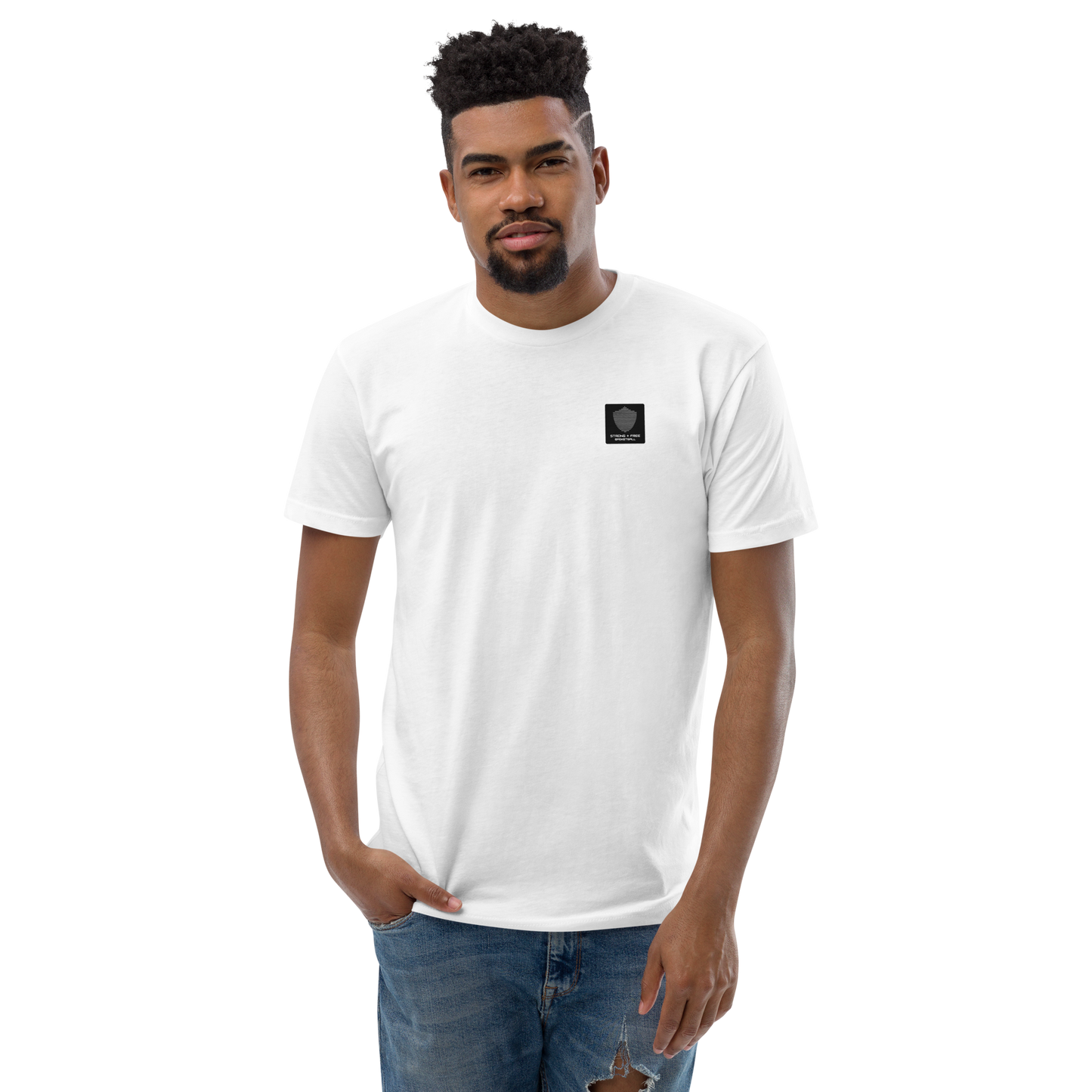 Men's basketball tee, white. S+F signature bball design, reverse black icon.